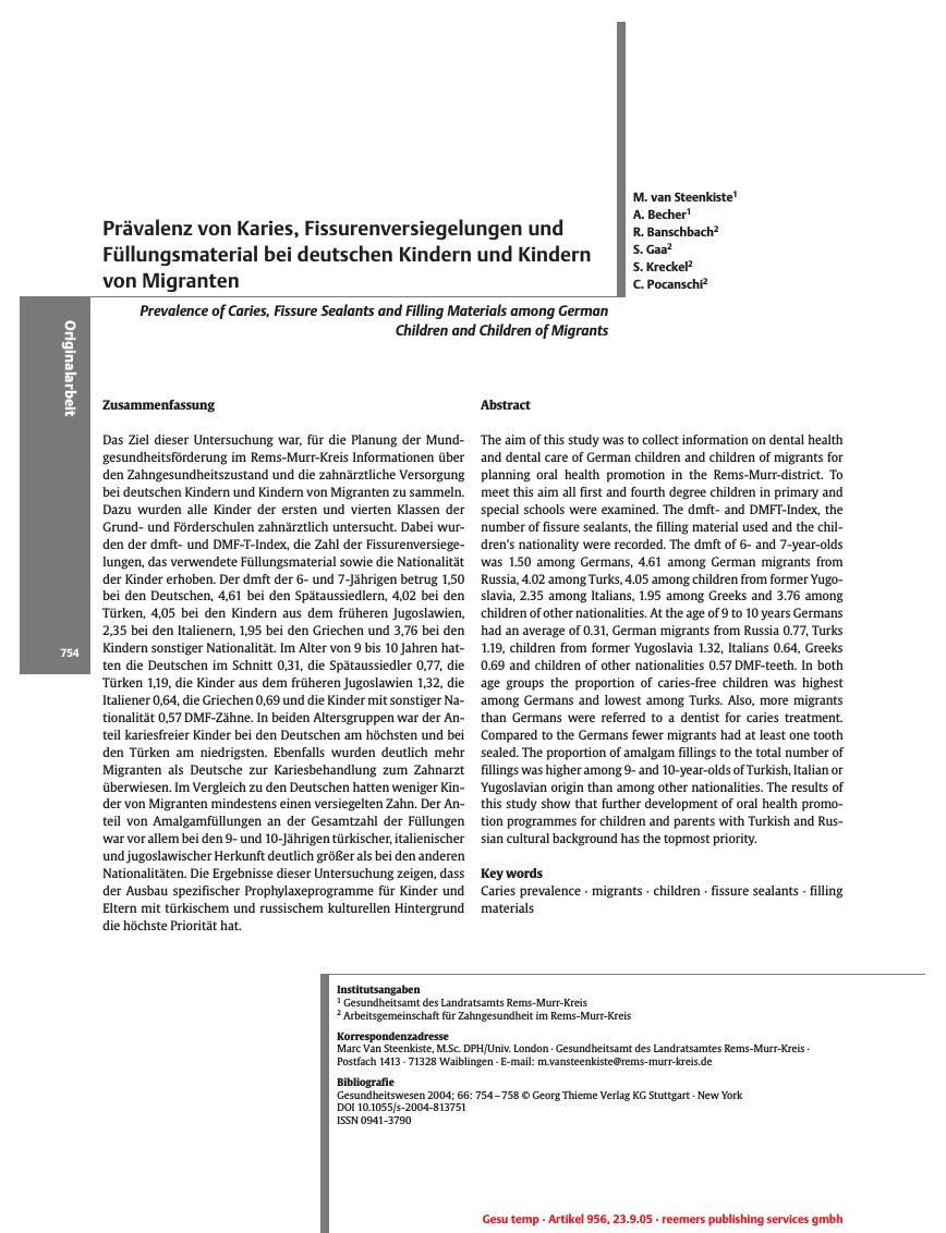 Vorschauseite 1: Prävalenz von Karies, Fissurenversiegelungen und Füllungsmaterial bei deutschen Kindern und Kindern von Migranten