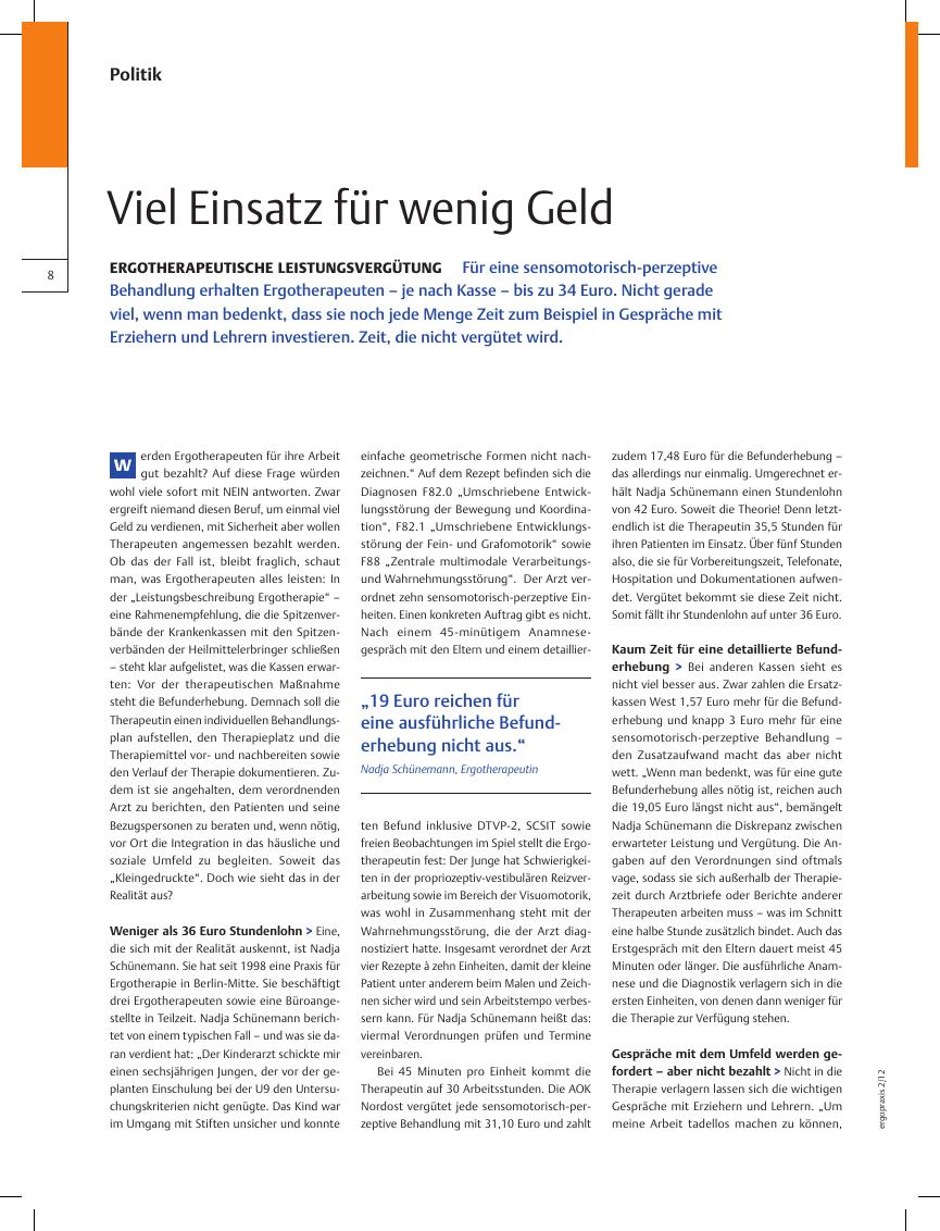Vorschauseite 1: Ergotherapeutische Leistungsvergütung ? Viel Einsatz für wenig Geld