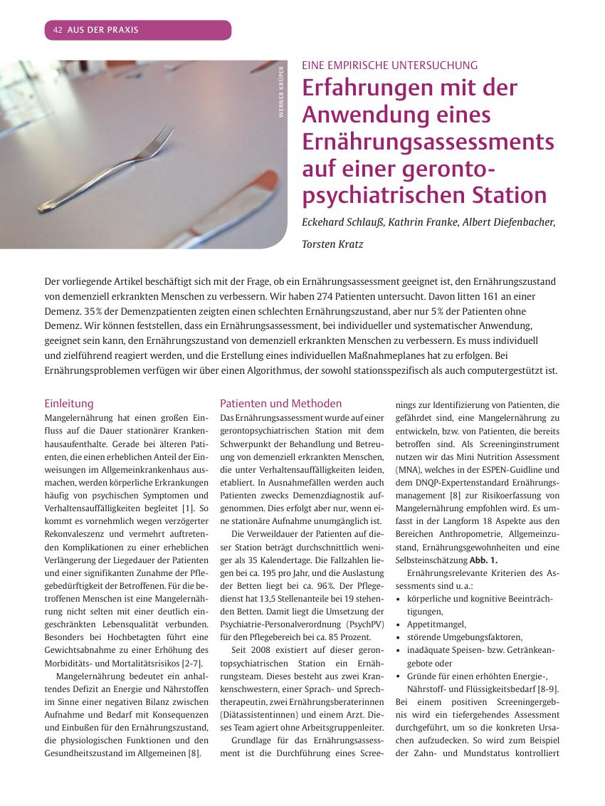 Vorschauseite 1: Erfahrungen mit der Anwendung eines Ernährungsassessments auf einer gerontopsychiatrischen Station