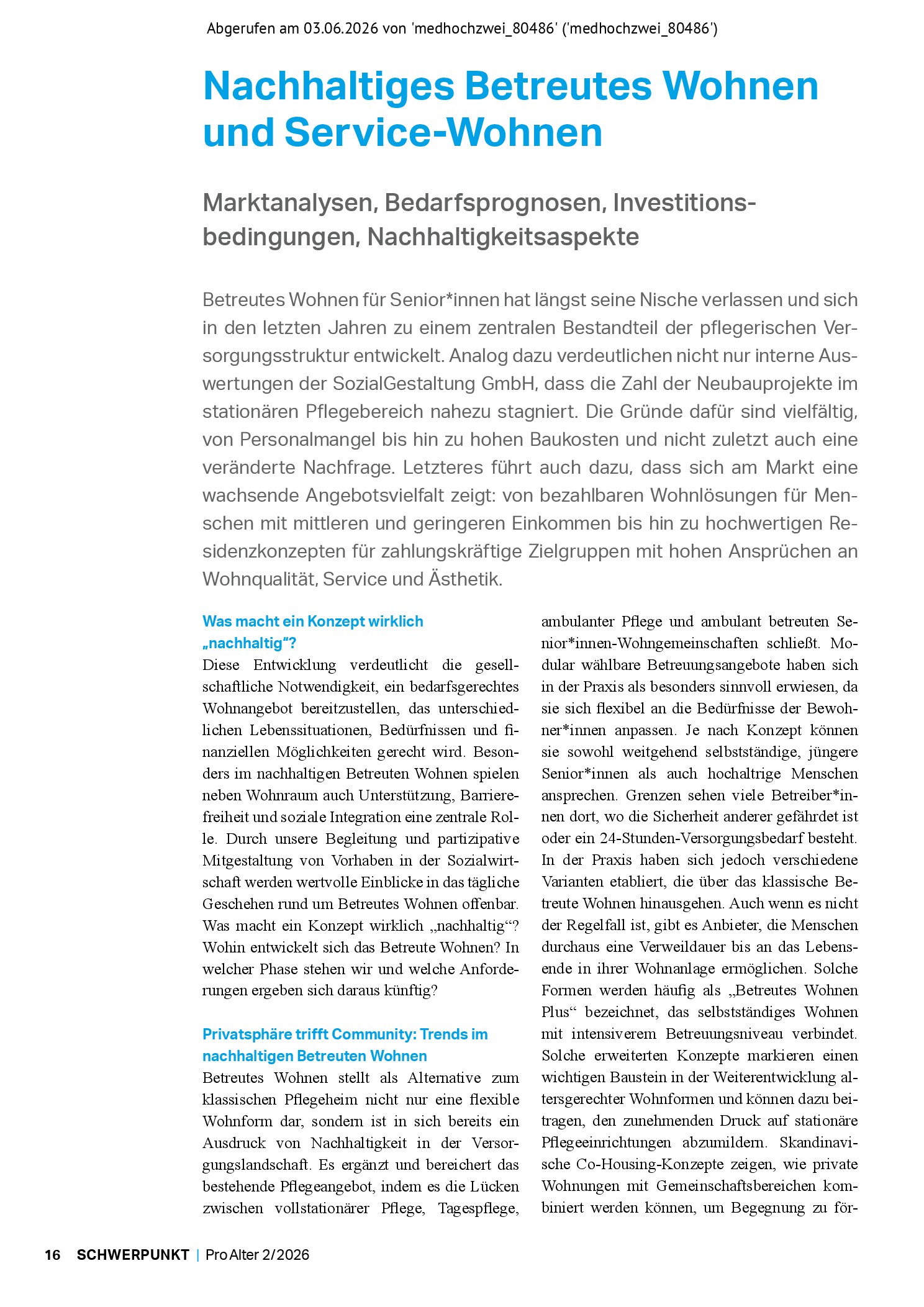 Vorschauseite 1: Nachhaltiges Betreutes Wohnen und Service-Wohnen. Marktanalysen, Bedarfsprognosen, Investitionsbedingungen, Nachhaltigkeitsaspekte