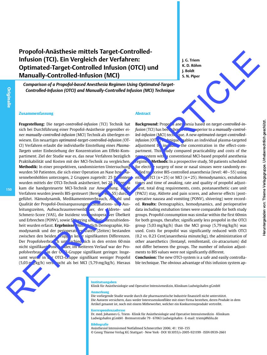 Vorschauseite 1: RETRACTED ARTICLE: Propofol-Anästhesie mittels Target-Controlled-Infusion (TCI). Ein Vergleich der Verfahren: Optimated-Target-Controlled Infusion (OTCI) und Manually-Controlled-I…