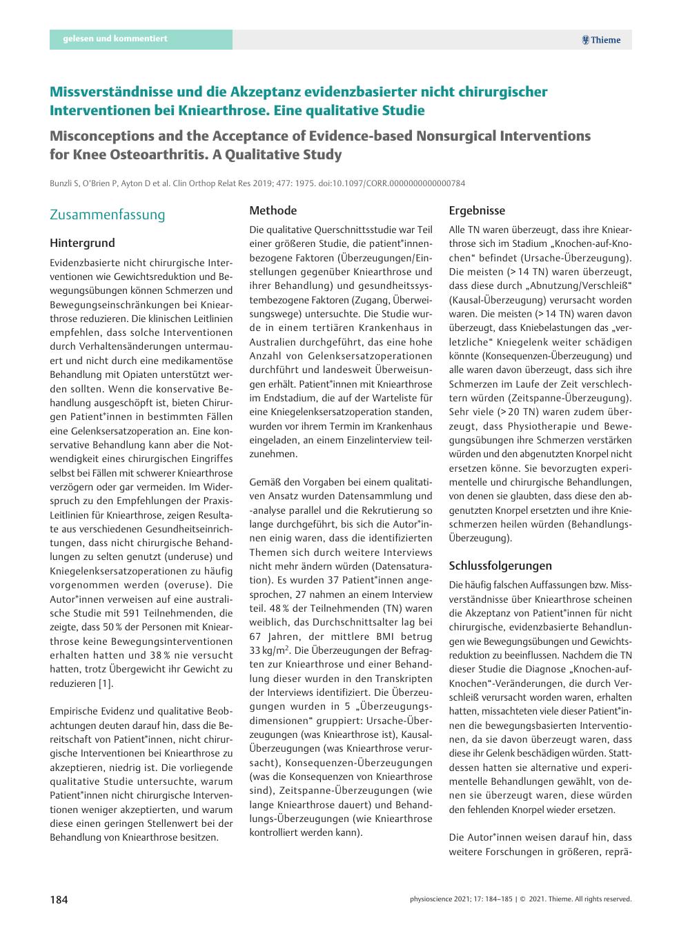 Vorschauseite 1: Missverständnisse und die Akzeptanz evidenzbasierter nicht chirurgischer Interventionen bei Kniearthrose. Eine qualitative Studie