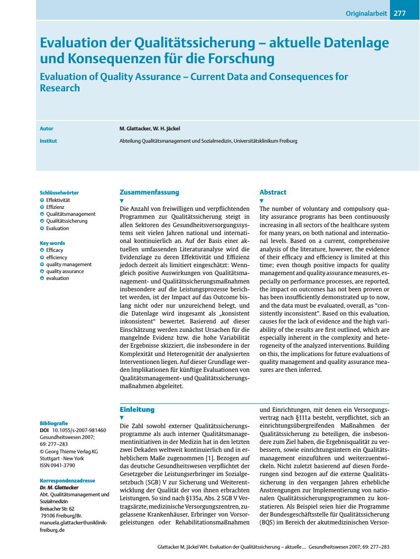 Vorschauseite 1: Evaluation der Qualitätssicherung - aktuelle Datenlage und Konsequenzen für die Forschung