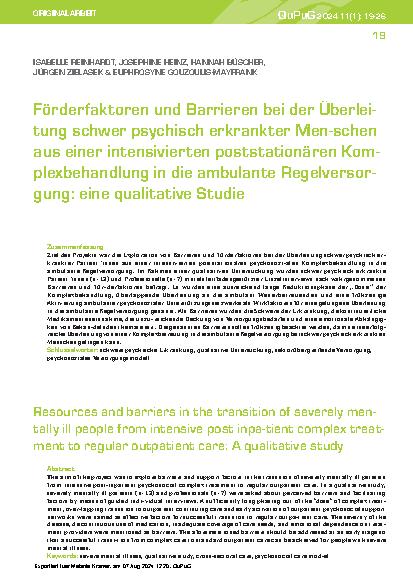 Vorschauseite 1: Förderfaktoren und Barrieren bei der Überleitung schwer psychisch erkrankter Menschen aus einer intensivierten poststationären Komplexbehandlung in die ambulante Regelversorgung:…