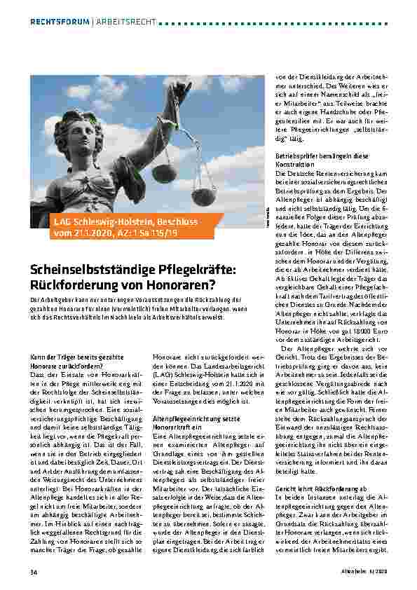 Vorschauseite 1: Scheinselbstständige Pflegekräfte: Rückforderung von Honoraren?