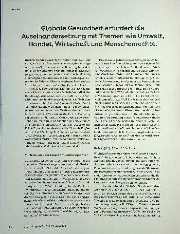 Vorschauseite 1: Globale Gesundheit erfordert die Auseinandersetzung mit Themen wie Umwelt, Handel, Wirtschaft und Menschenrechte,