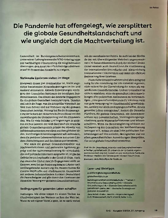 Vorschauseite 4: Globale Gesundheit erfordert die Auseinandersetzung mit Themen wie Umwelt, Handel, Wirtschaft und Menschenrechte,