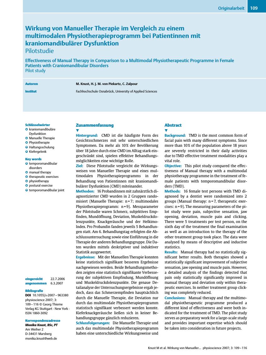 Vorschauseite 1: Wirkung von Manueller Therapie im Vergleich zu einem multimodalen Physiotherapieprogramm bei Patientinnen mit kraniomandibulärer Dysfunktion