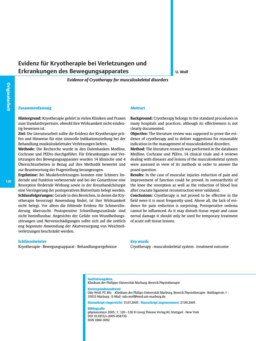Vorschauseite 1: Evidenz für Kryotherapie bei Verletzungen und Erkrankungen des Bewegungsapparates