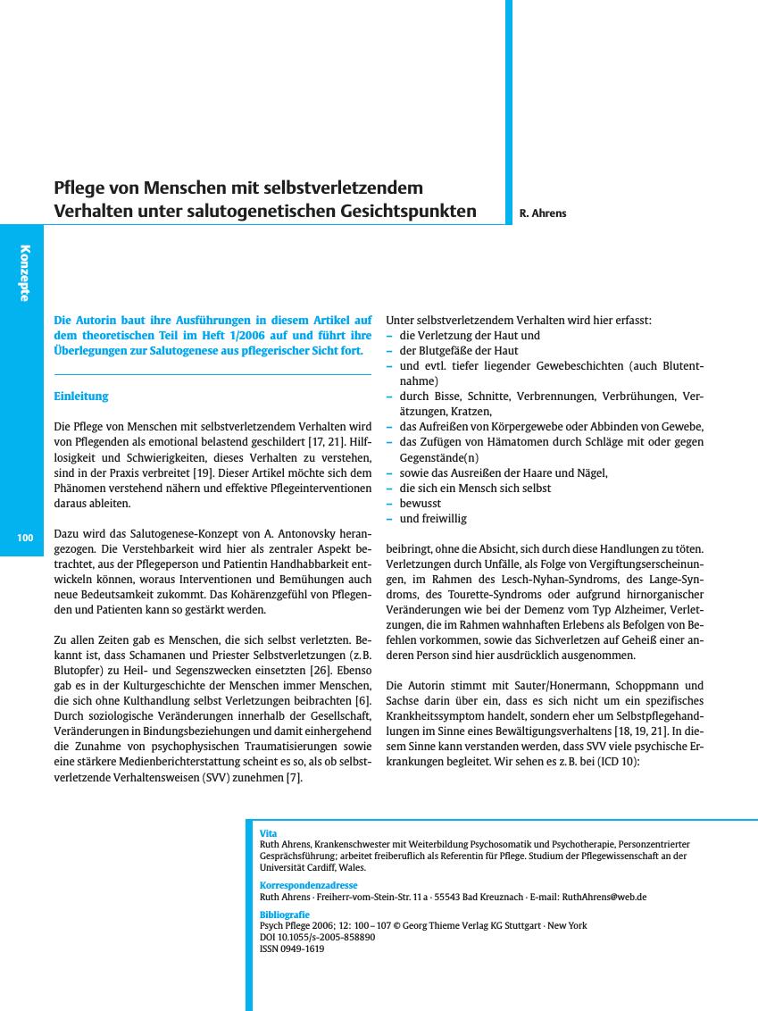 Vorschauseite 1: Pflege von Menschen mit selbstverletzendem Verhalten unter salutogenetischen Gesichtspunkten