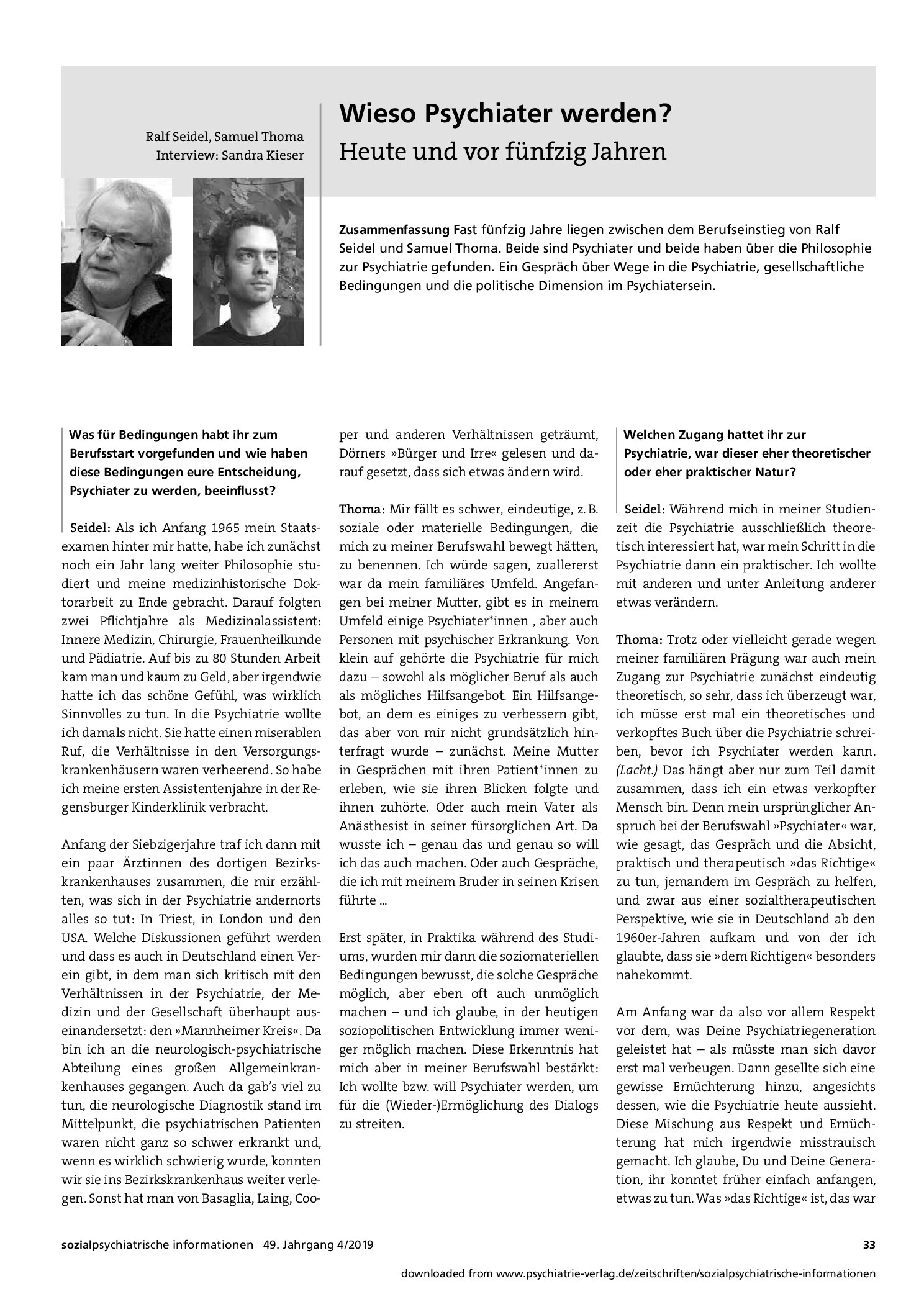 Vorschauseite 1: Wieso Psychiater werden? Heute und vor fünfzig Jahren