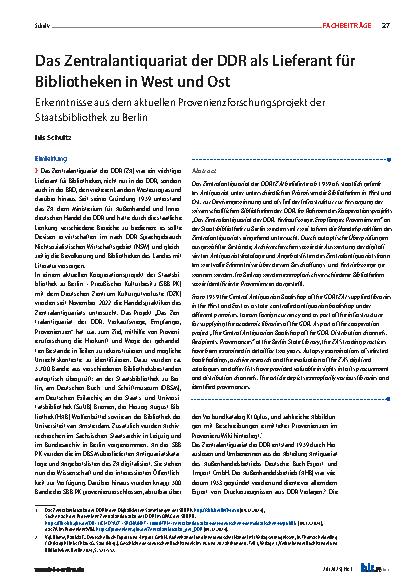 Vorschauseite 1: Das Zentralantiquariat der DDR als Lieferant für Bibliotheken in West und Ost