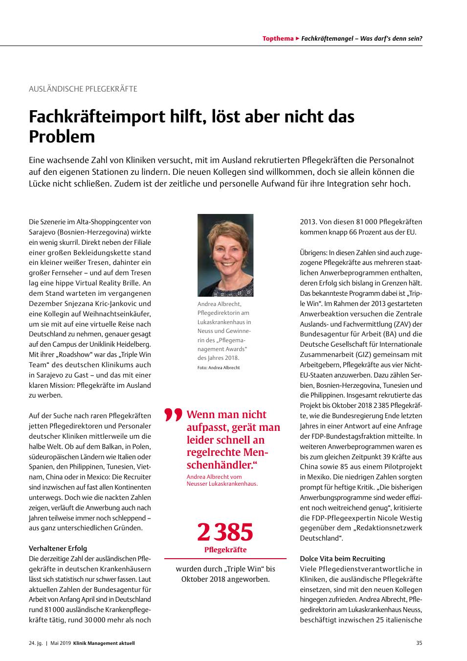 Vorschauseite 1: Ausländische Pflegekräfte: Fachkräfteimport hilft, löst aber nicht das Problem
