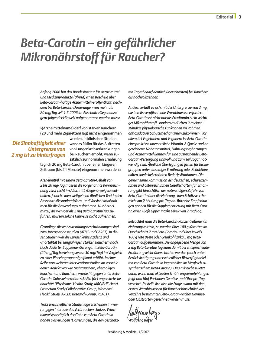Vorschauseite 1: Beta-Carotin - ein gefährlicher Mikronährstoff für Raucher?