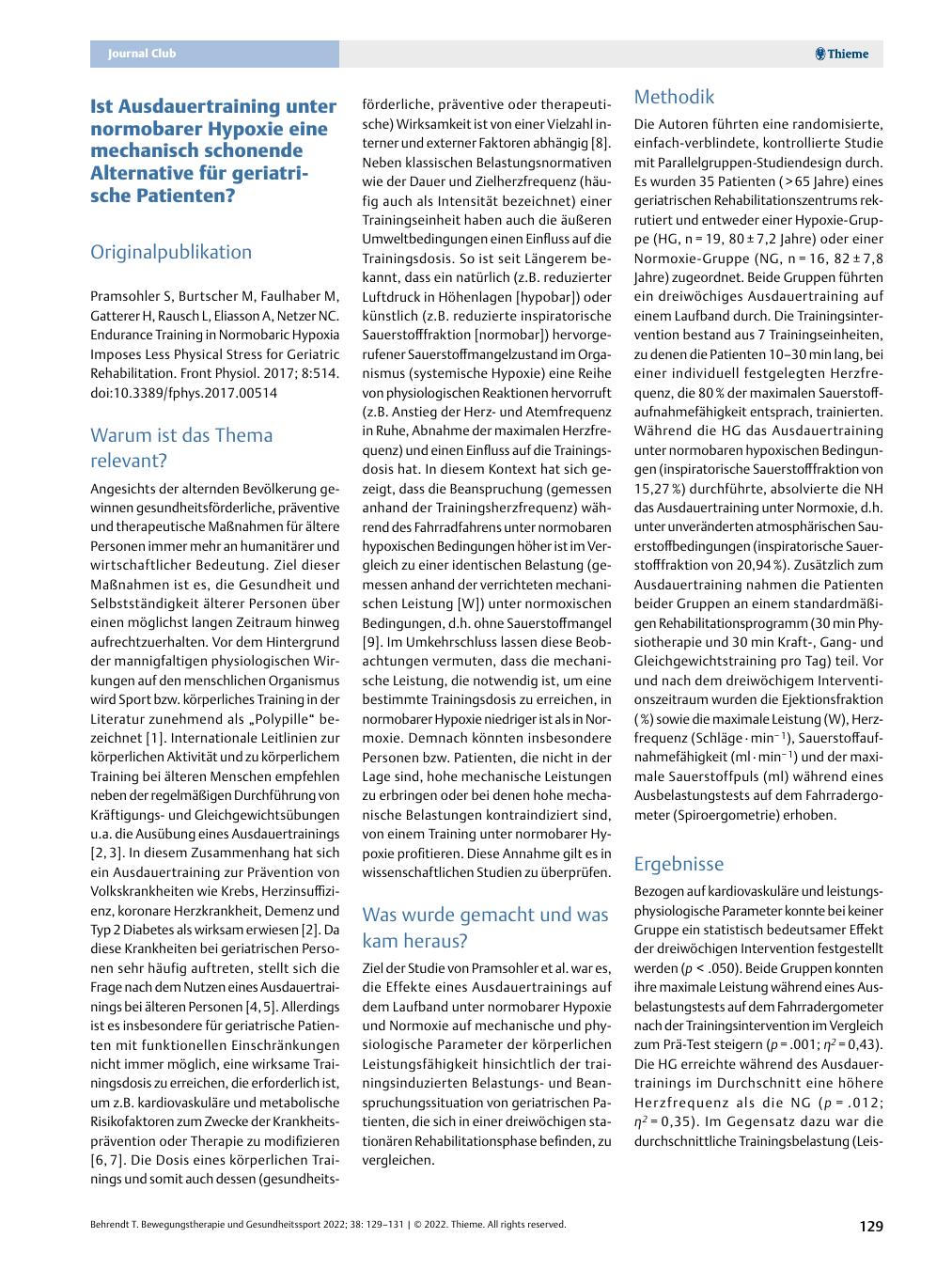 Vorschauseite 1: Ist Ausdauertraining unter normobarer Hypoxie eine mechanisch schonende Alternative für geriatrische Patienten?
