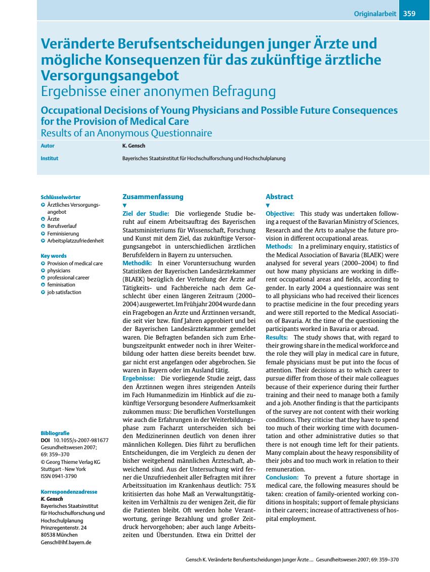 Vorschauseite 1: Veränderte Berufsentscheidungen junger Ärzte und mögliche Konsequenzen für das zukünftige ärztliche Versorgungsangebot