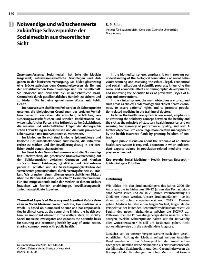 Vorschauseite 1: Notwendige und wünschenswerte zukünftige Schwerpunkte der Sozialmedizin aus theoretischer Sicht