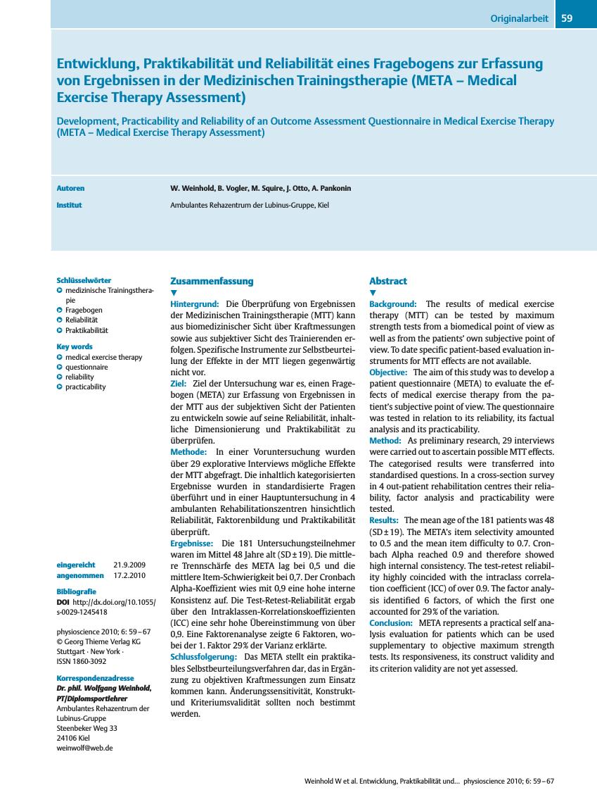 Vorschauseite 1: Entwicklung, Praktikabilität und Reliabilität eines Fragebogens zur Erfassung von Ergebnissen in der Medizinischen Trainingstherapie (META – Medical Exercise Therapy Assessment)