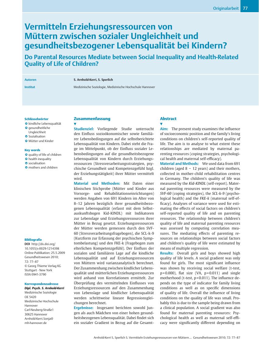 Vorschauseite 1: Vermitteln Erziehungsressourcen von Müttern zwischen sozialer Ungleichheit und gesundheitsbezogener Lebensqualität bei Kindern?