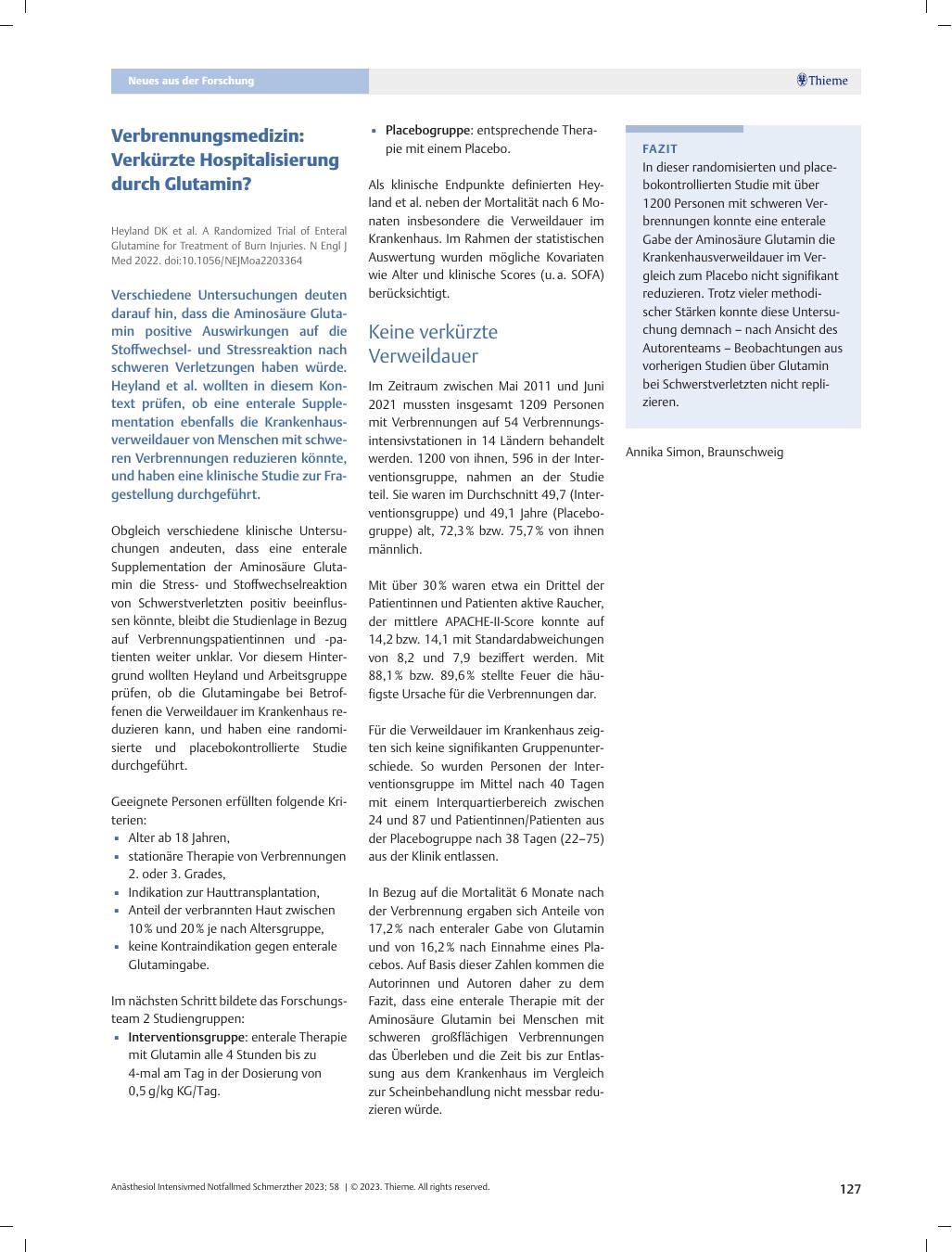 Vorschauseite 1: Verbrennungsmedizin: Verkürzte Hospitalisierung durch Glutamin?