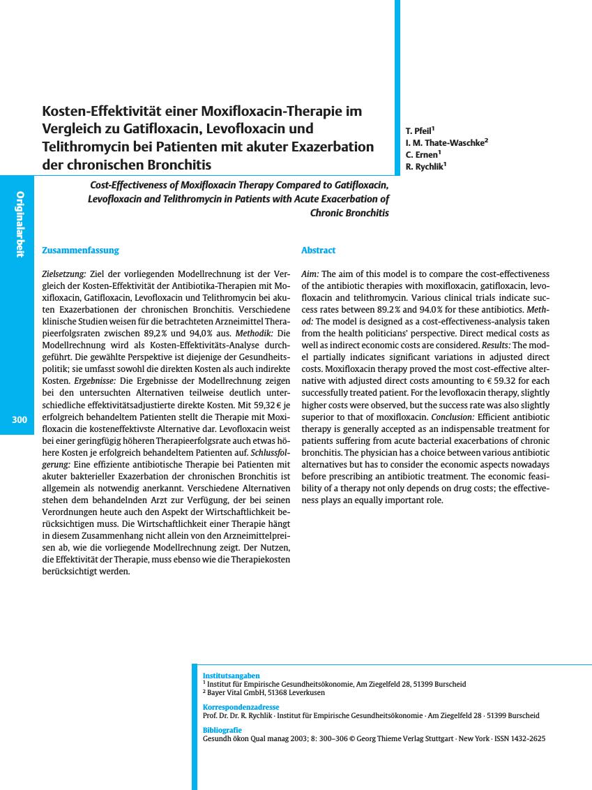 Vorschauseite 1: Kosten-Effektivität einer Moxifloxacin-Therapie im Vergleich zu Gatifloxacin, Levofloxacin und Telithromycin bei Patienten mit akuter Exazerbation der chronischen Bronchitis