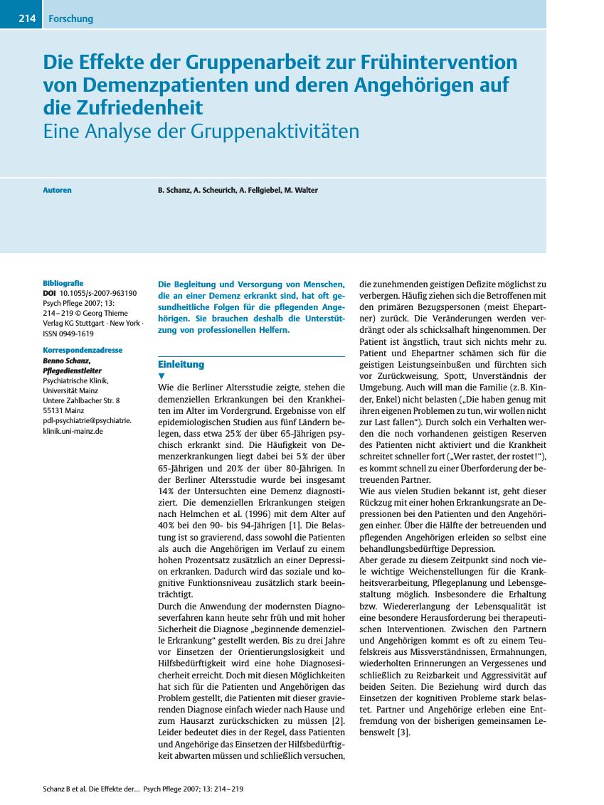 Vorschauseite 1: Die Effekte der Gruppenarbeit zur Frühintervention von Demenzpatienten und deren Angehörigen auf die Zufriedenheit