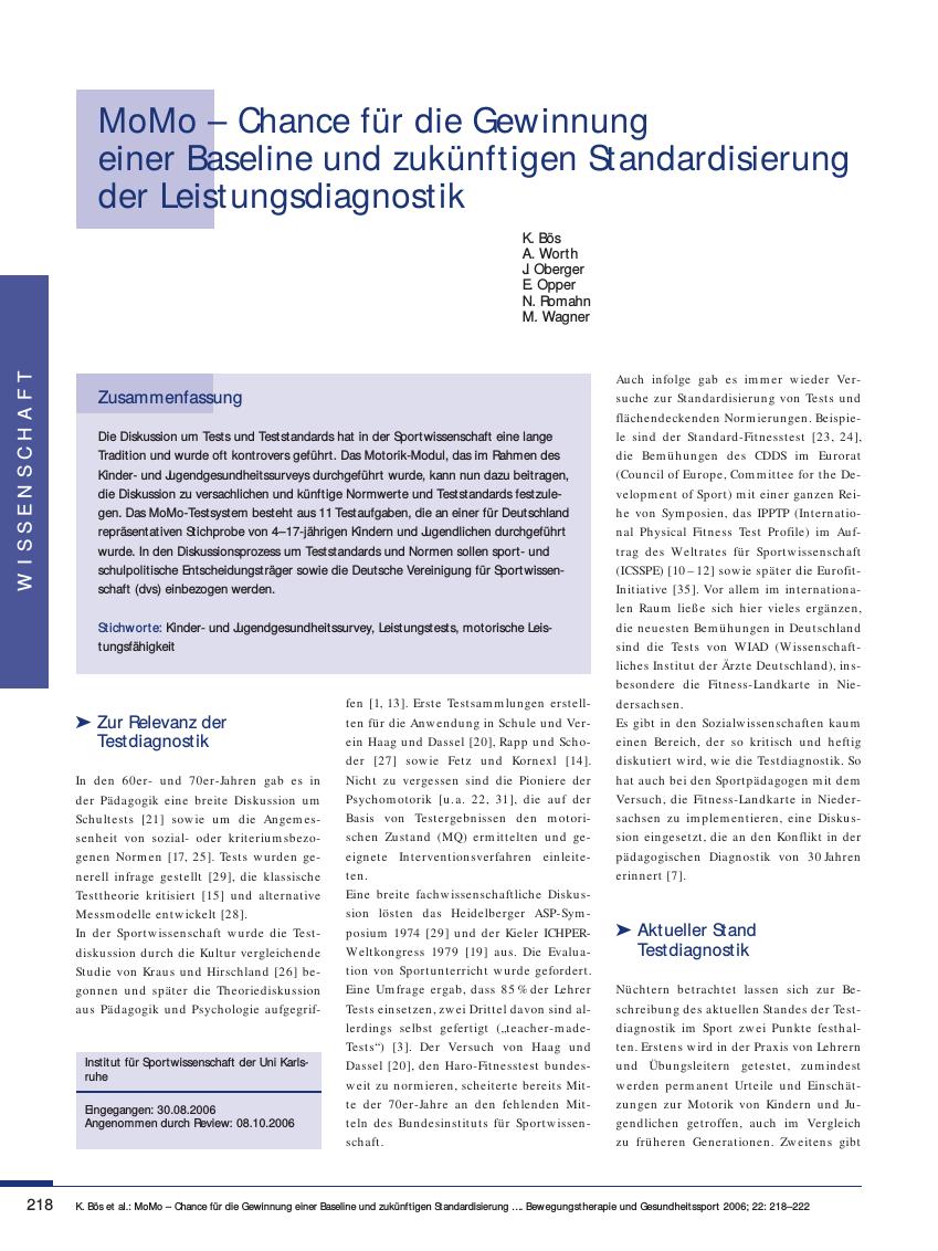 Vorschauseite 1: MoMo - Chance für die Gewinnung einer Baseline und zukünftigen Standardisierung der Leistungsdiagnostik