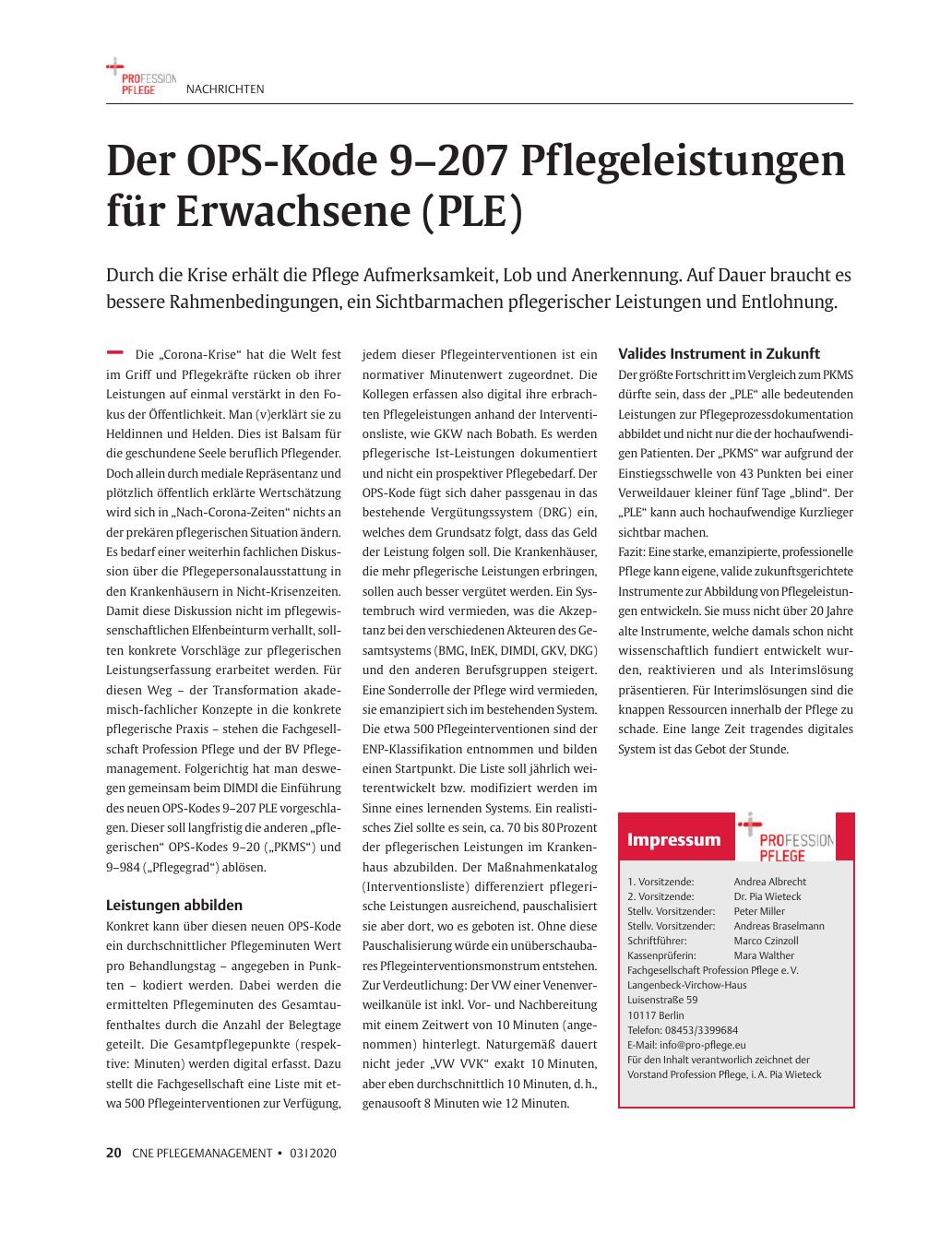 Vorschauseite 1: Der OPS-Kode 9-207 Pflegeleistungen für Erwachsene (PLE)