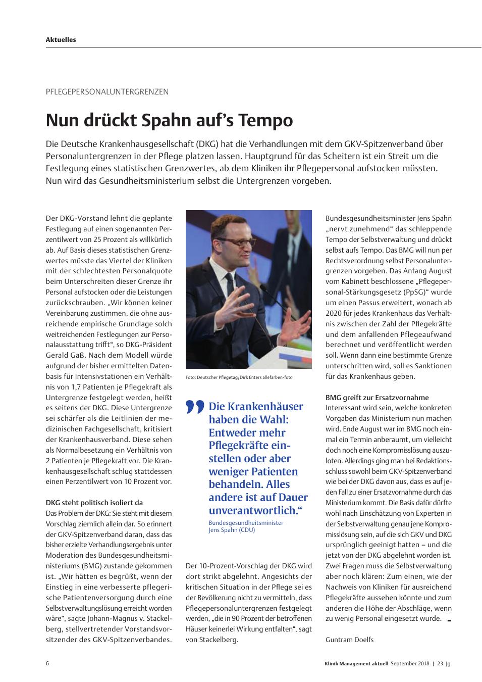 Vorschauseite 1: Pflegepersonaluntergrenzen: Nun drückt Spahn auf?s Tempo