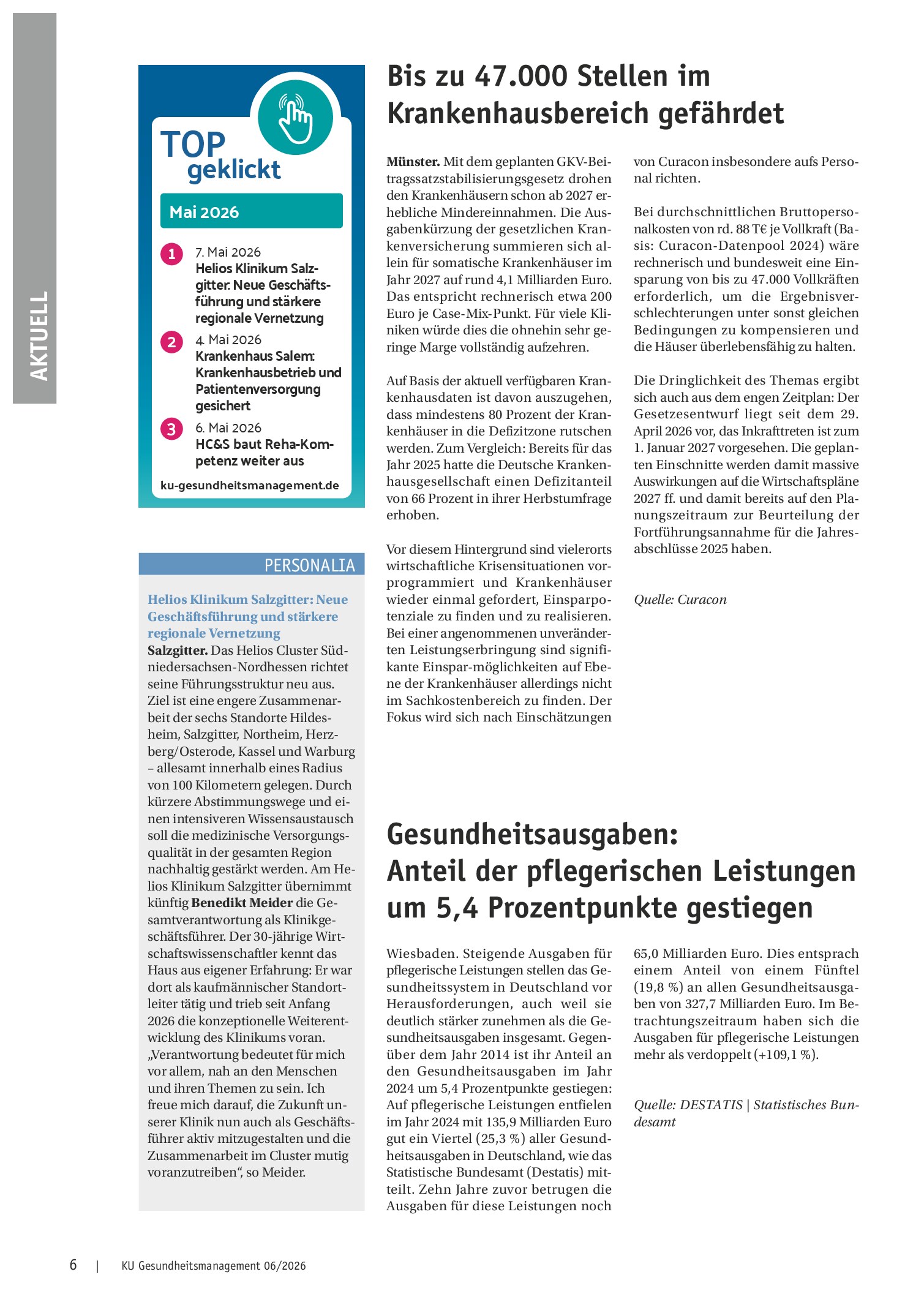 Vorschauseite 1: Bis zu 47.000 Stellen im Krankenhausbereich gefährdet