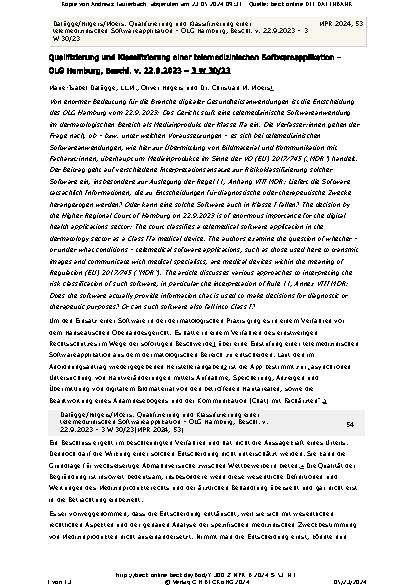 Vorschauseite 1: Qualifizierung und Klassifizierung einer telemedizinischen Softwareapplikation – OLG Hamburg, Beschl. v. 22.9.2023 – 3 W 30/23