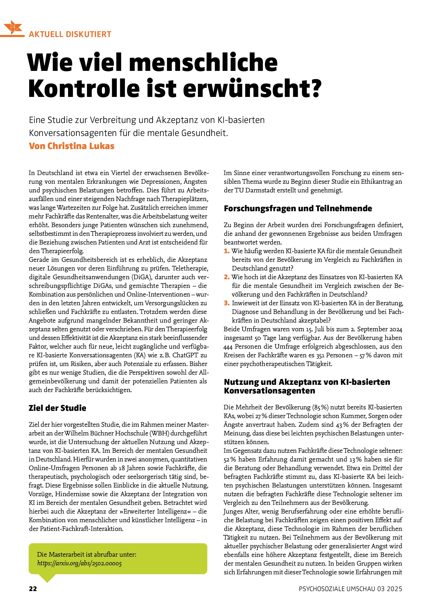 Vorschauseite 1: Wie viel menschliche Kontrolle ist erwünscht?