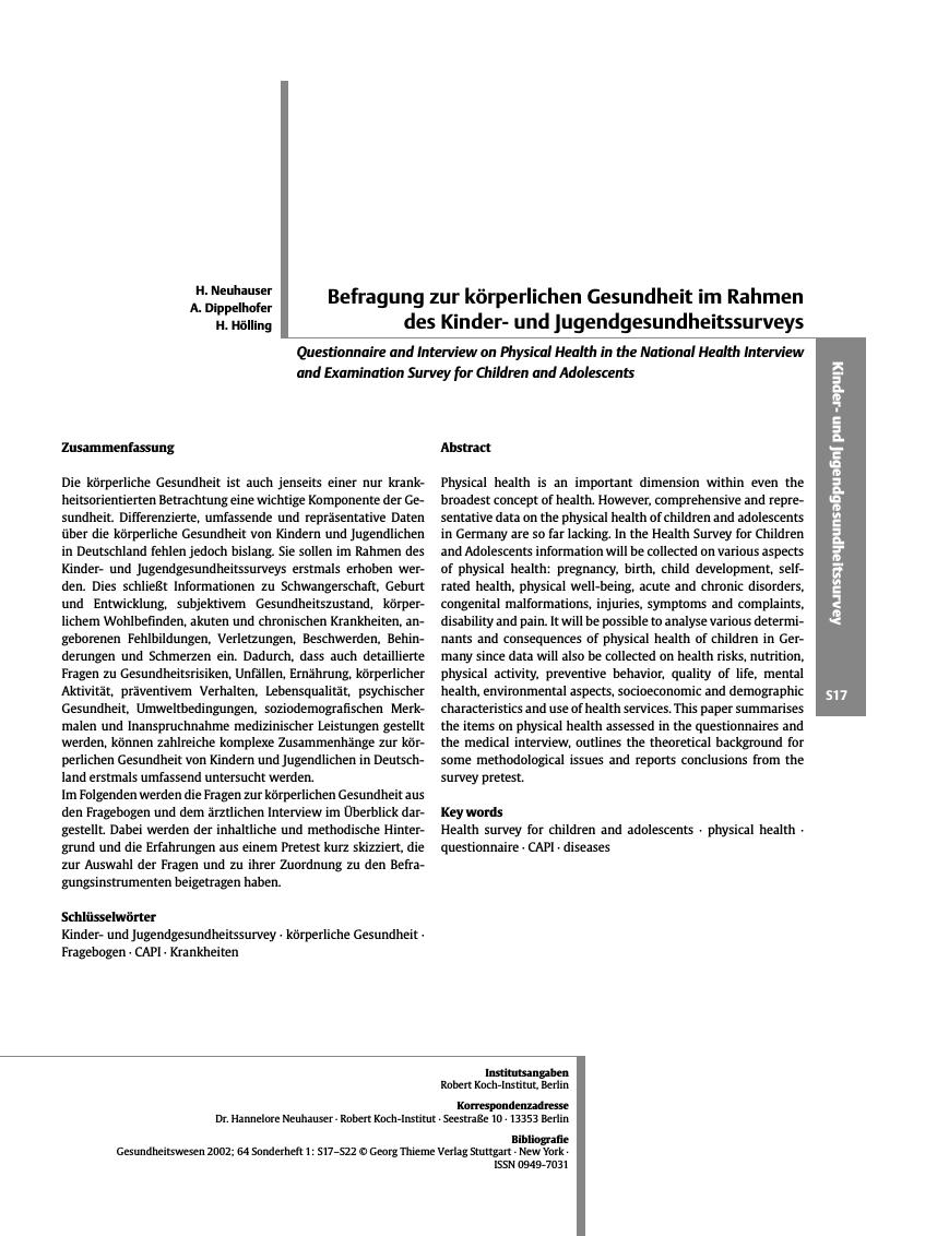 Vorschauseite 1: Befragung zur körperlichen Gesundheit im Rahmen des Kinderund Jugendgesundheitssurveys