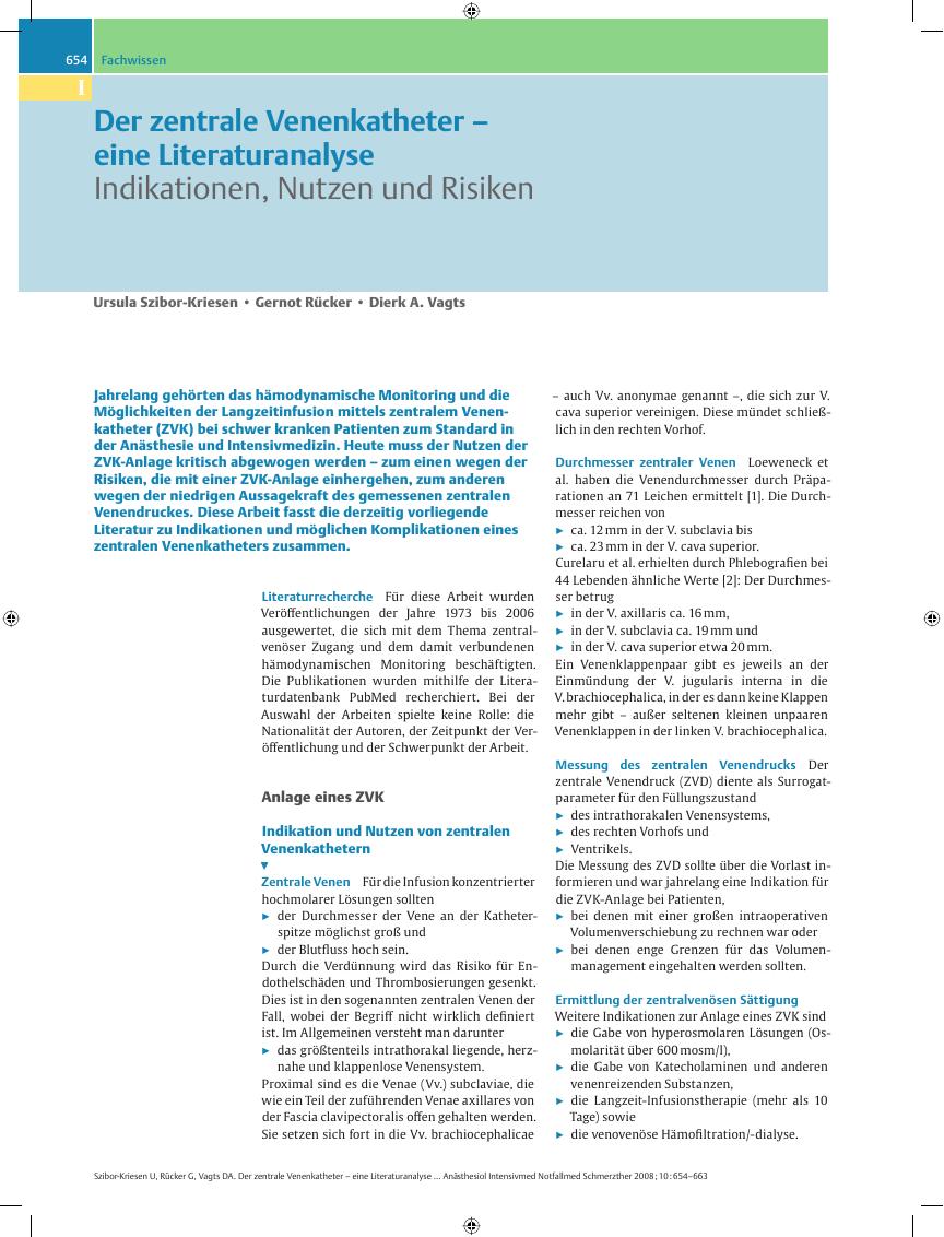 Vorschauseite 1: Der zentrale Venenkatheter – eine Literaturanalyse – Indikationen, Nutzen und Risiken