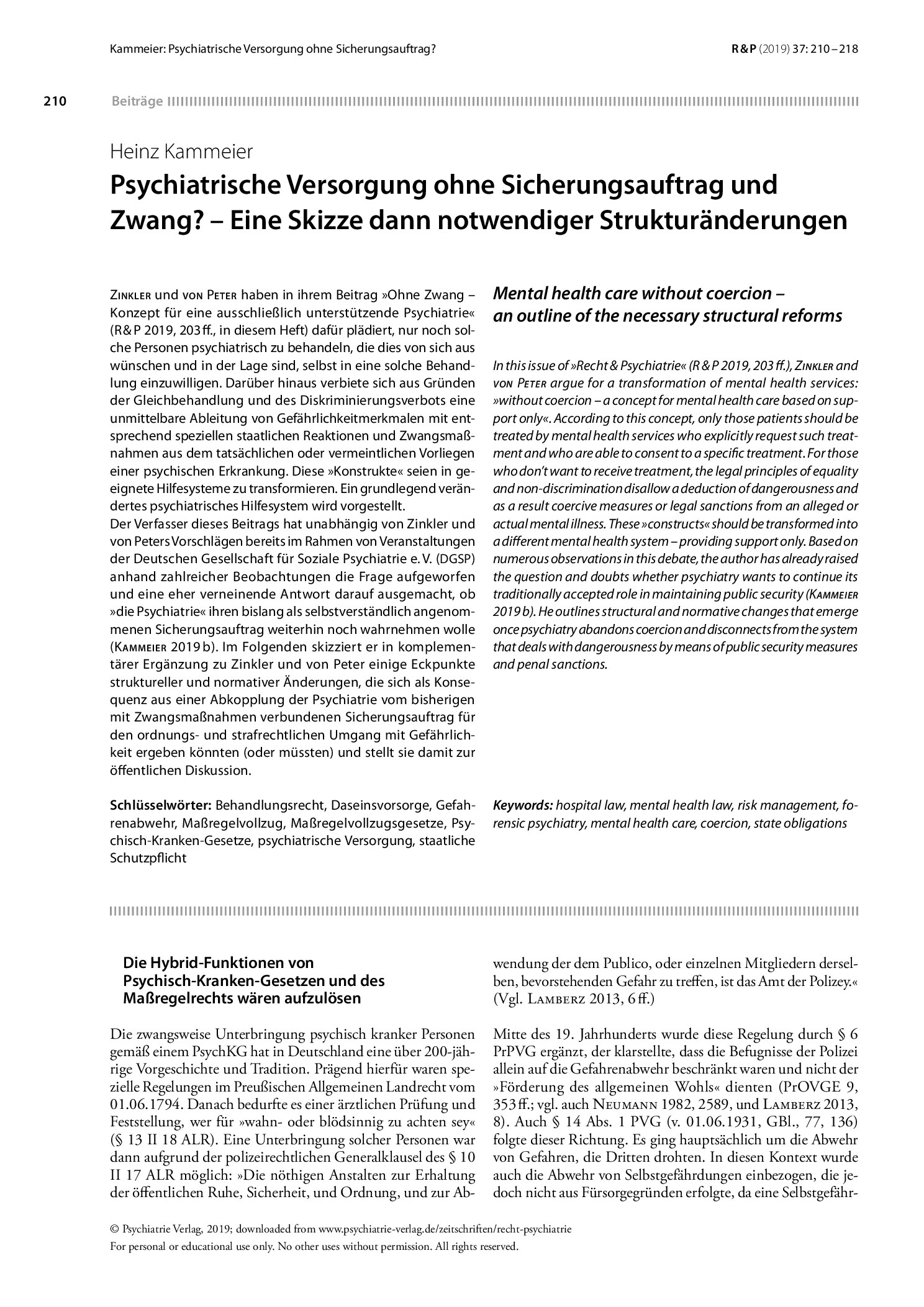Vorschauseite 1: Psychiatrische Versorgung ohne Sicherungsauftrag und Zwang? – Eine Skizze der notwendigen Strukturänderungen