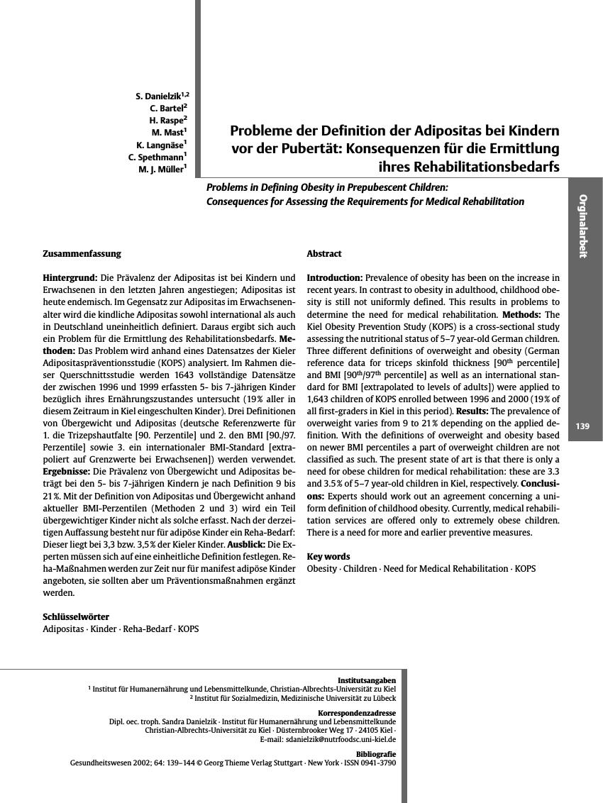Vorschauseite 1: Probleme der Definition der Adipositas bei Kindern vor der Pubertät: Konsequenzen für die Ermittlung ihres Rehabilitationsbedarfs