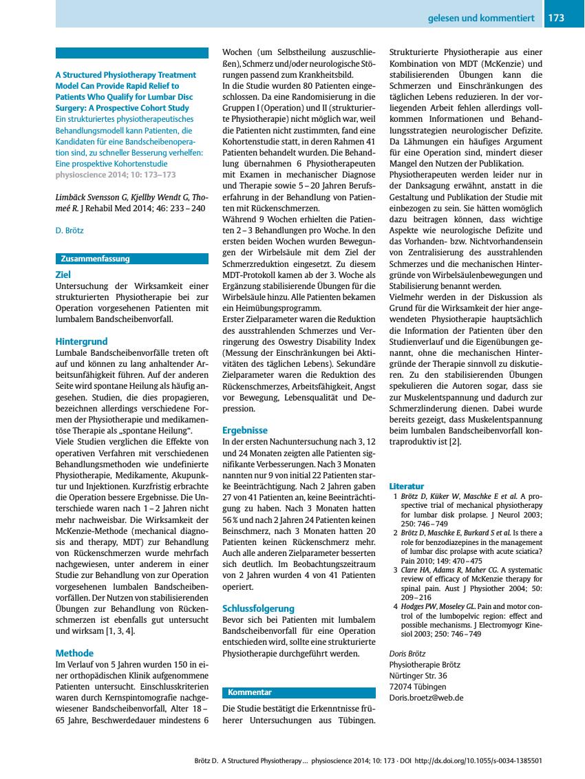 Vorschauseite 1: A Structured Physiotherapy Treatment Model Can Provide Rapid Relief to Patients Who Qualify for Lumbar Disc Surgery: A Prospective Cohort Study
