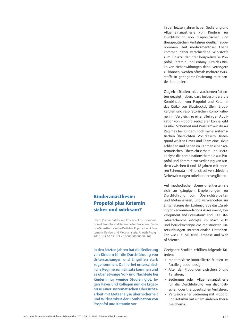 Vorschauseite 1: Kinderanästhesie: Propofol plus Ketamin sicher und wirksam?