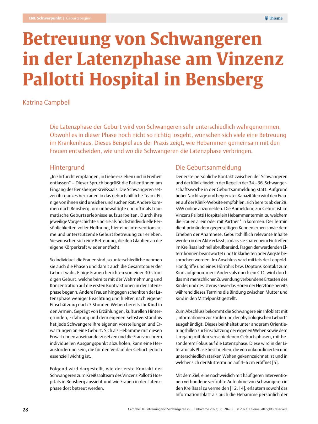 Vorschauseite 1: Betreuung von Schwangeren in der Latenzphase am Vinzenz Pallotti Hospital in Bensberg