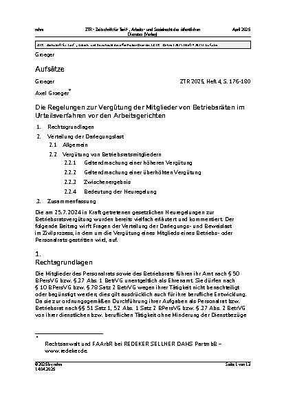 Vorschauseite 1: Die Regelungen zur Vergütung der Mitglieder von Betriebsräten im Urteilsverfahren vor den Arbeitsgerichten