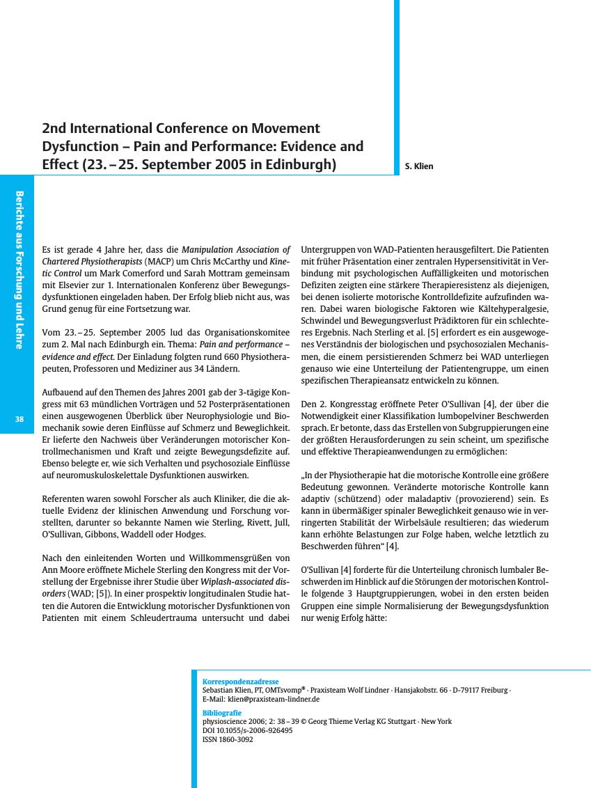 Vorschauseite 1: 2nd International Conference on Movement Dysfunction - Pain and Performance: Evidence and Effect (23. - 25. September 2005 in Edinburgh)