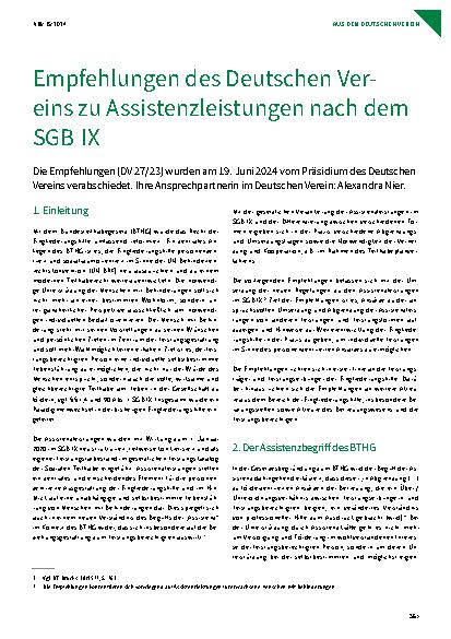 Vorschauseite 1: Empfehlungen des Deutschen Vereins zu Assistenzleistungen nach dem SGB IX