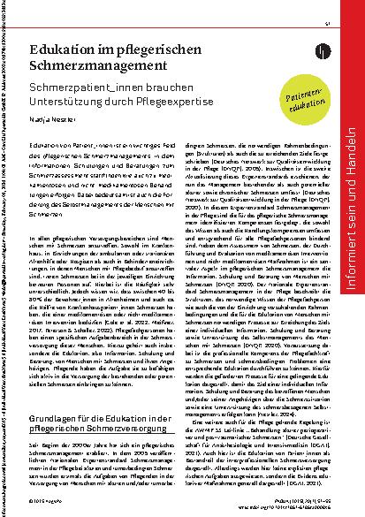 Vorschauseite 1: Edukation im pflegerischen Schmerzmanagement Schmerzpatient_innen brauchen Unterstützung durch Pflegeexpertise