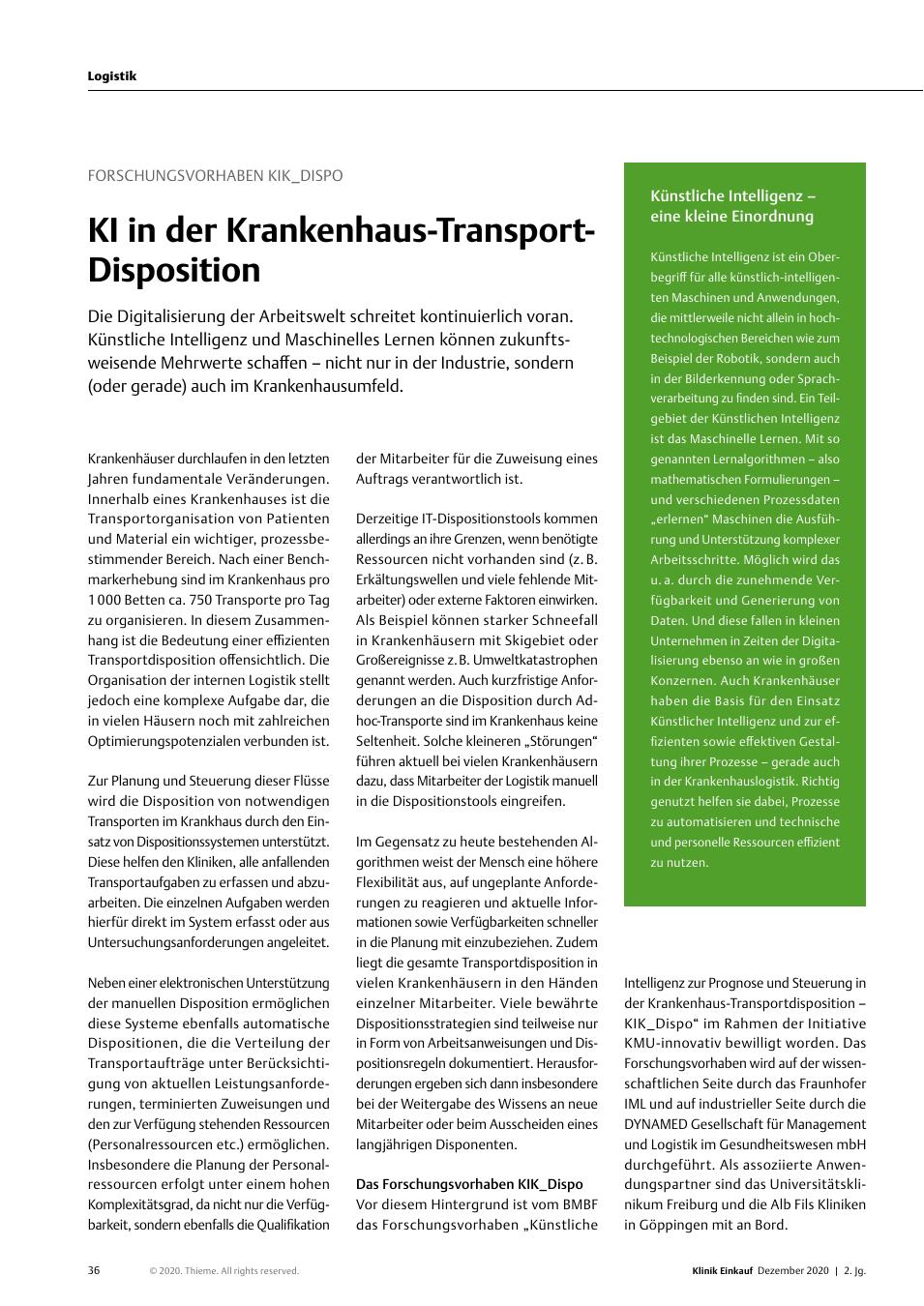 Vorschauseite 1: Forschungsvorhaben KIK_DISPO: KI in der Krankenhaus-Transport-Disposition