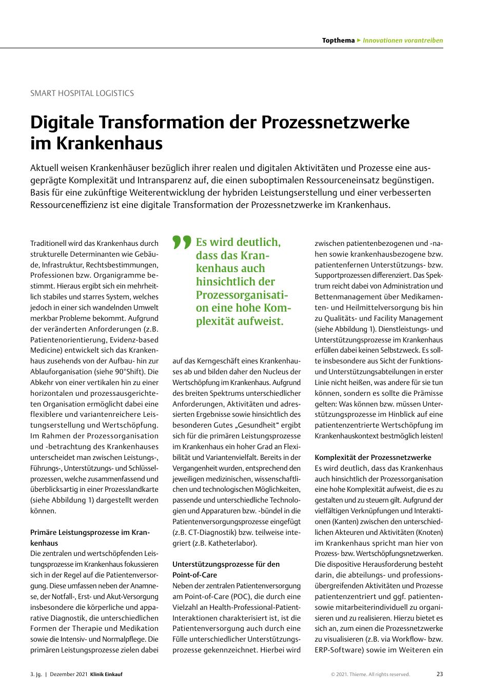 Vorschauseite 1: Smart Hospital Logistics: Digitale Transformation der Prozessnetzwerke im Krankenhaus