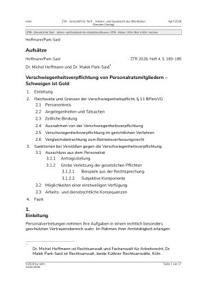 Vorschauseite 1: Verschwiegenheitsverpflichtung von Personalratsmitgliedern – Schweigen ist Gold