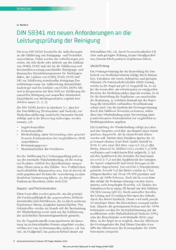 Vorschauseite 1: DIN 58341 mit neuen Anforderungen an die Leistungsprüfung der Reinigung