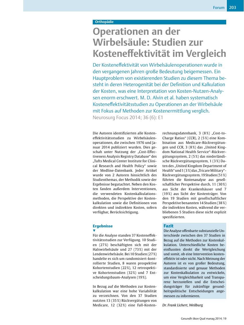 Vorschauseite 1: Orthopädie – Operationen an der Wirbelsäule: Studien zur Kosteneffektivität im Vergleich