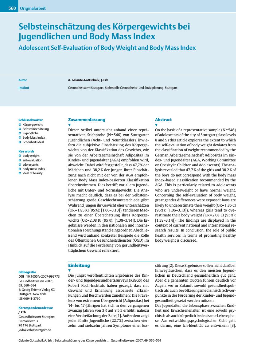 Vorschauseite 1: Selbsteinschätzung des Körpergewichts bei Jugendlichen und Body Mass Index