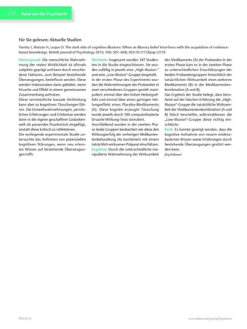 Vorschauseite 1: Für Sie gelesen: Yarritu I, Matute H, Luque D. The dark side of cognitive illusions: When an illusory belief interferes with the acquisition of evidencebased knowledge